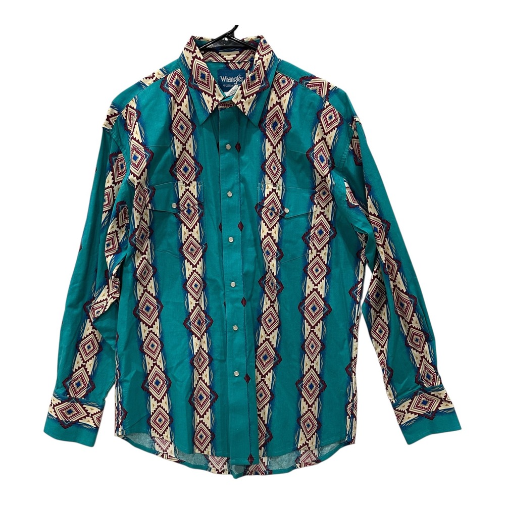 Vintage Wrangler Western Shirt Mens L Turquoise Aztec Pearl Snap Southwestern